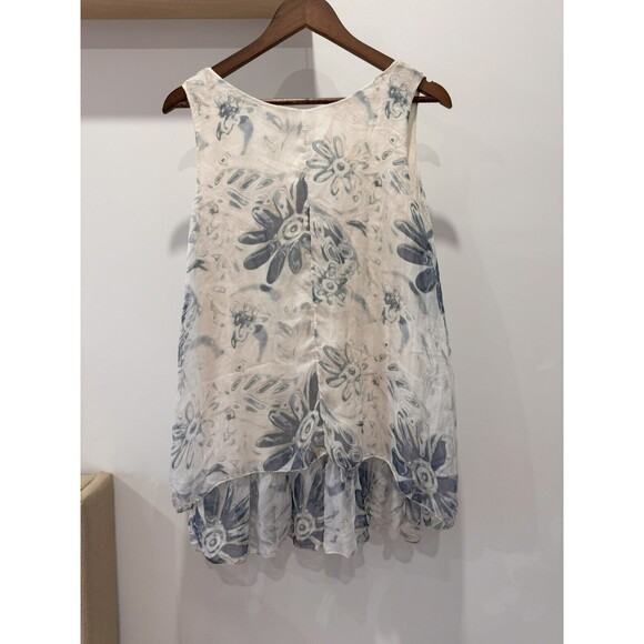 Bellina Womens S Blue Floral Silk Tiered Tunic Tank Top Blouse Flowers Italy - Picture 2 of 7